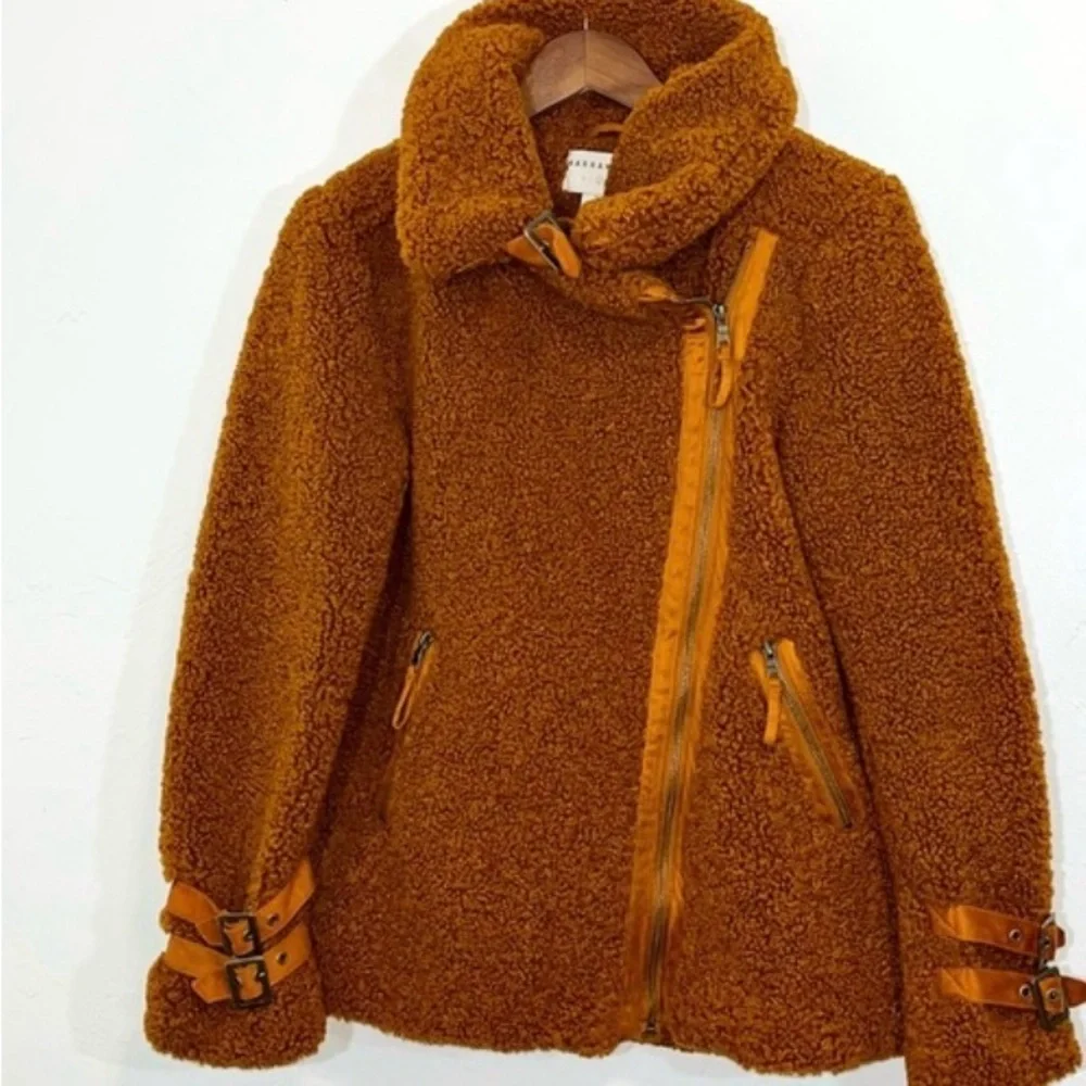 Anthropologie Marrakech sherpa teddy moto jacket rust /bronze color small - Picture 3 of 12
